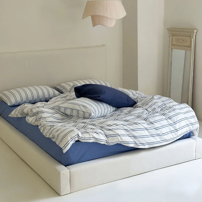 Messy Bed Look White Pinstripe Duvet Cover - Coastal Aesthetic
