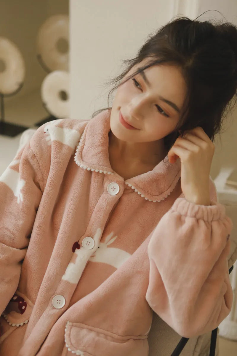 RoomDen Plush Rabbit & Mushroom Flannel Fleece Pajama Set - Close up of fleece texture and collar