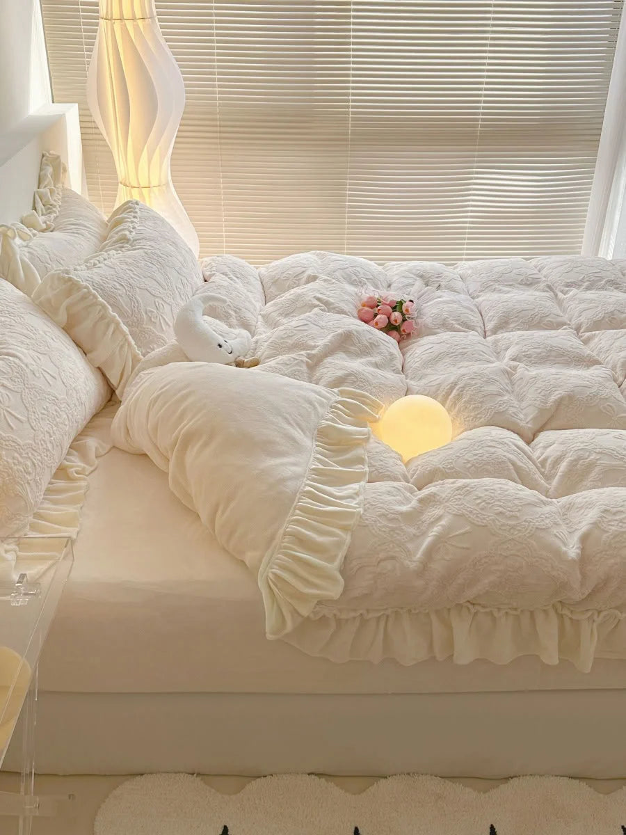 Cozy lifestyle shot of the Creamy Beige Embossed Fleece Bedding Set with a pink bouquet and warm lighting - RoomDen.