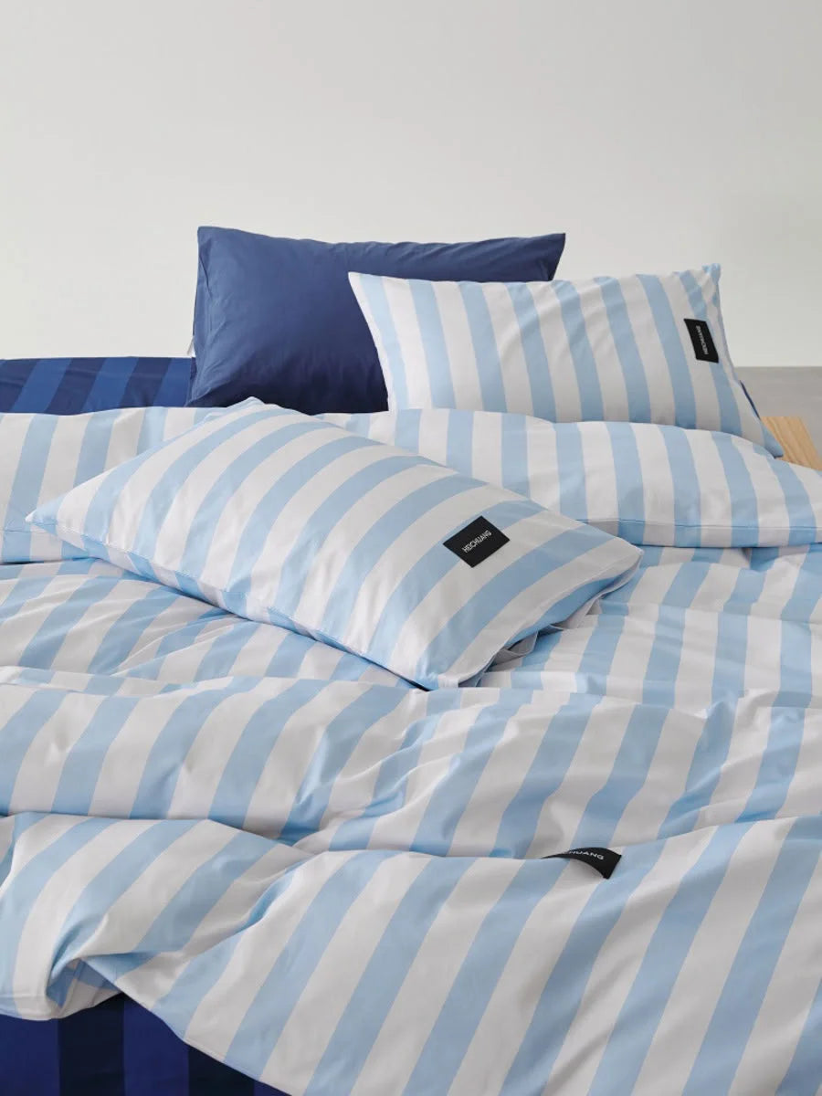 Soft Washed Wide Striped Cotton Bedding Set in Sky Blue & White - RoomDen