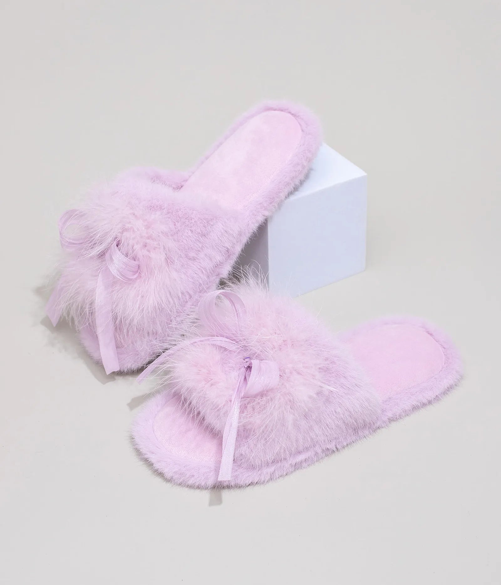 Lilac Purple fluffy house slides with matching ribbon bow - RoomDen