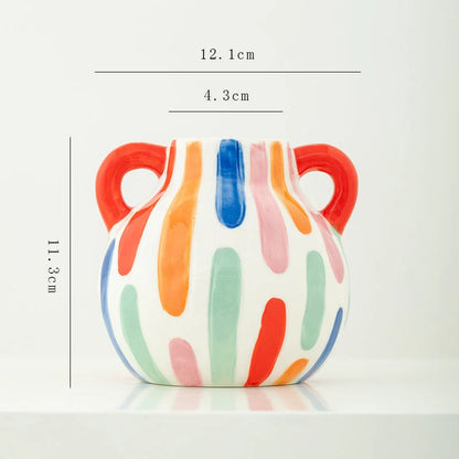 Close-up of the double-handle ceramic vase with colorful vertical stripes, showing dimensions. - RoomDen