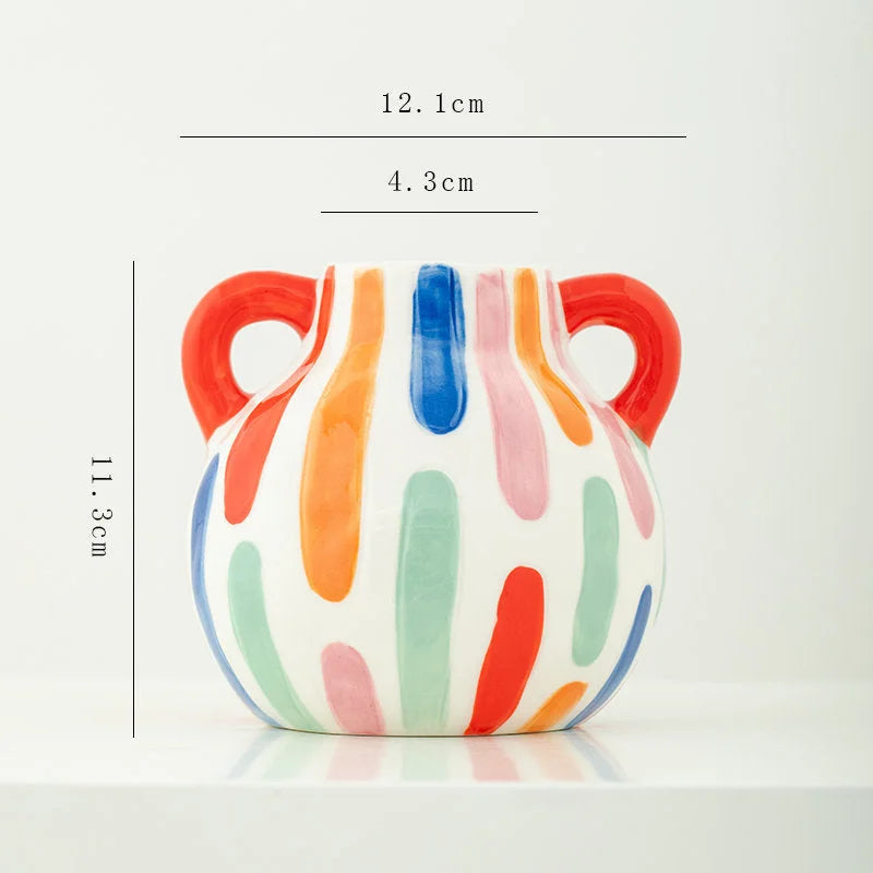 Close-up of the double-handle ceramic vase with colorful vertical stripes, showing dimensions. - RoomDen