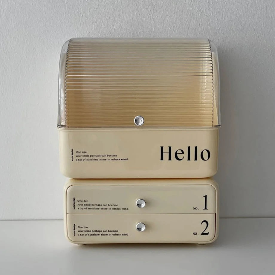 Direct front-on shot of the stacked cream ABS makeup organizer against a white wall.