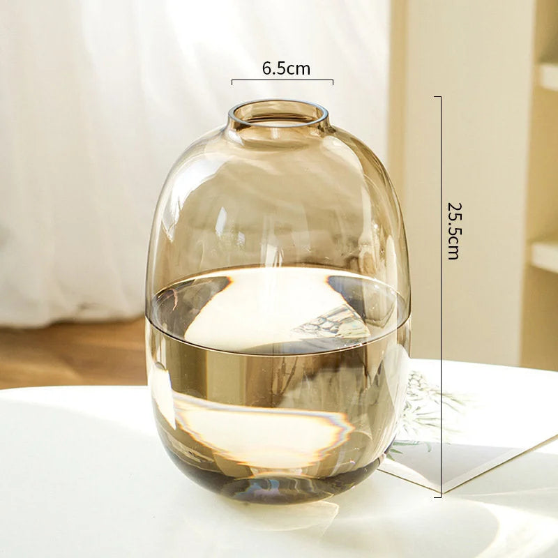 Close-up of the medium-sized amber brown tinted glass vase showing dimensions: 25.5cm height and 6.5cm mouth. - RoomDen