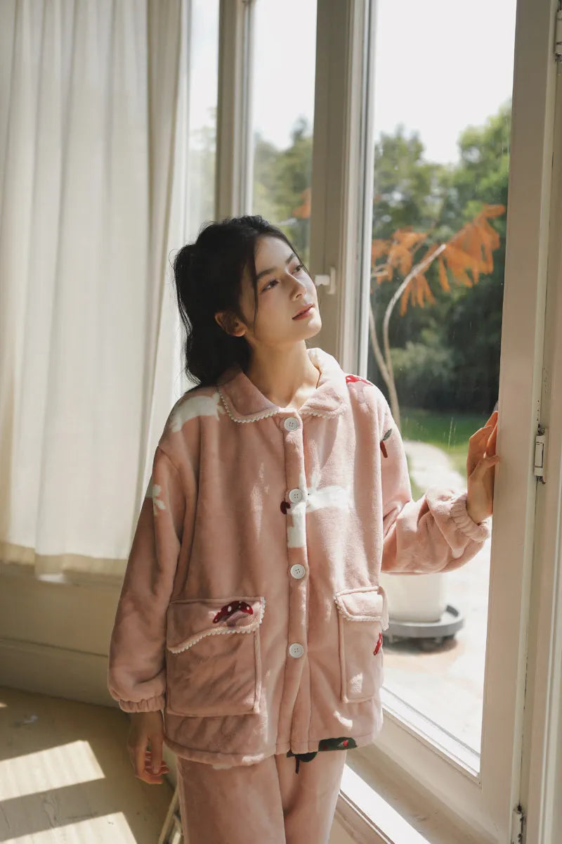 RoomDen Plush Rabbit & Mushroom Flannel Fleece Pajama Set - Standing by open door natural light