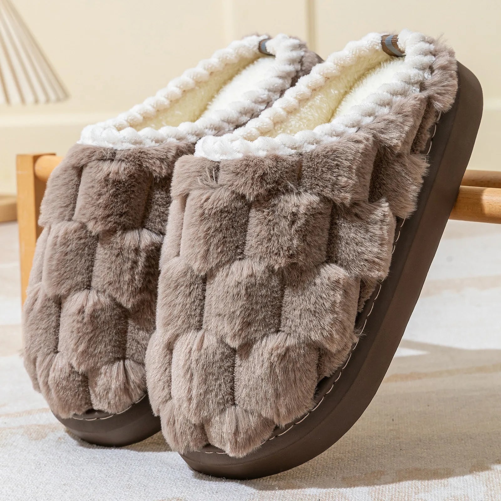 Mocha Brown Faux Fur Slides detail view of soft lining - RoomDen
