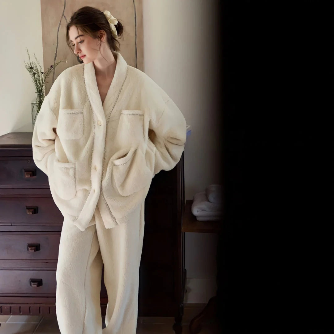 Full body shot of the model wearing the oversized cream flannel fleece pajama set with hands in pockets - RoomDen.