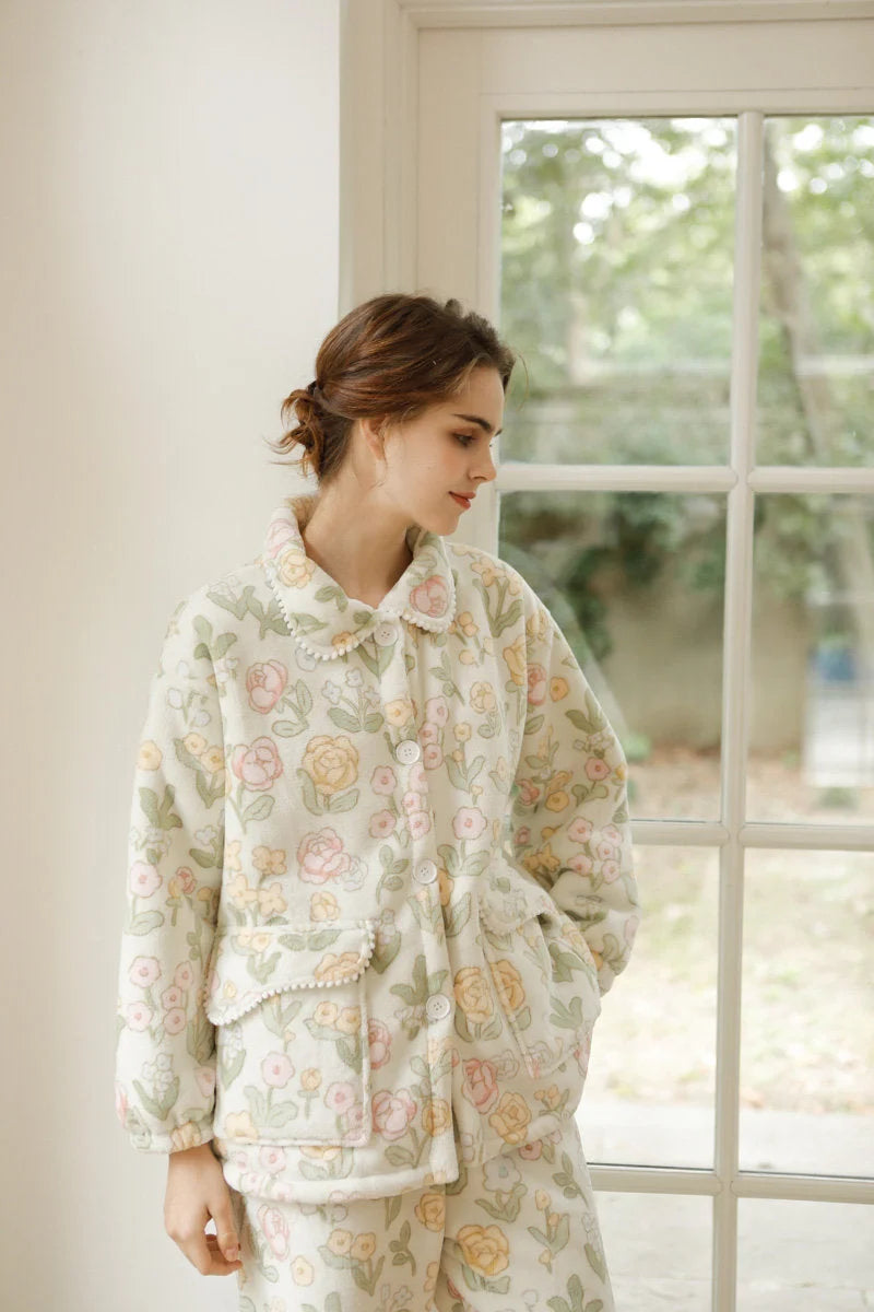Angled view of floral fleece pajama set showing fit and drape - RoomDen