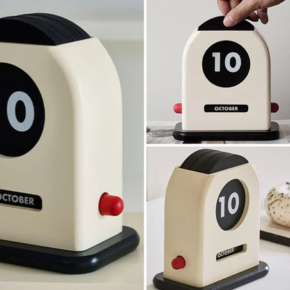 A collage of three images showing close-up details of the perpetual calendar's red knob and flip mechanism - RoomDen