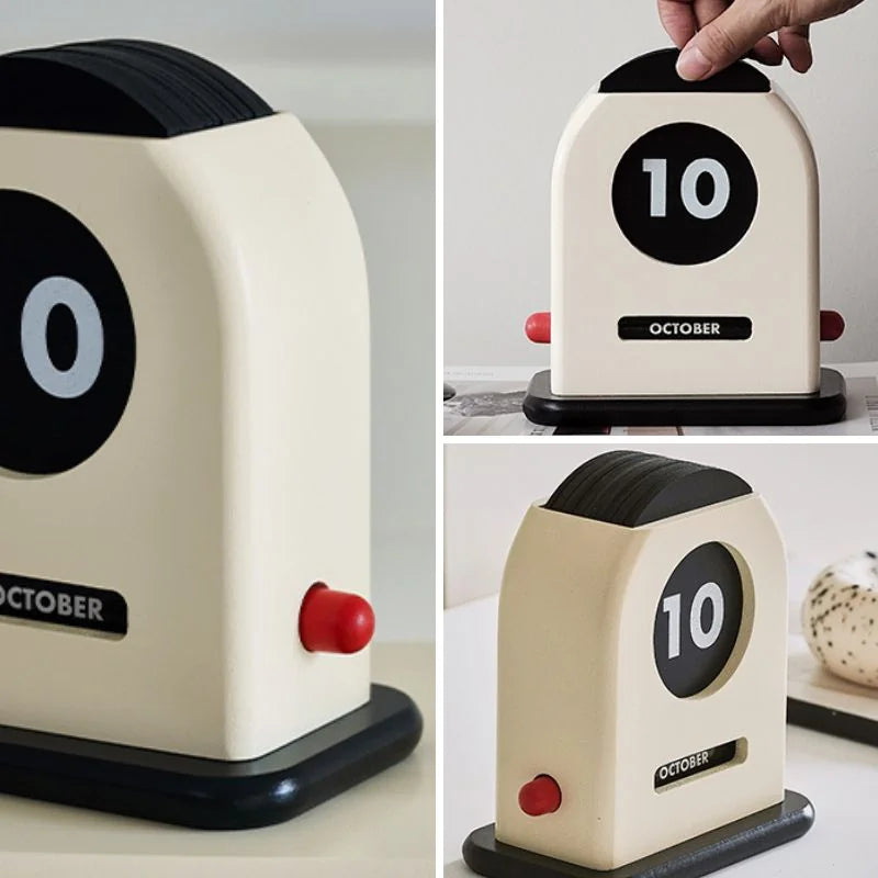 A collage of three images showing close-up details of the perpetual calendar's red knob and flip mechanism - RoomDen