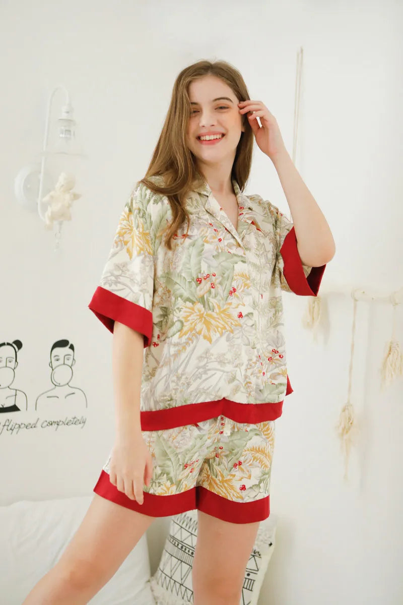 RoomDen Silky Festive Berry Botanical Cotton Sateen Pajama Set - Short Sleeve Detail with Red Cuffs - Cottagecore
