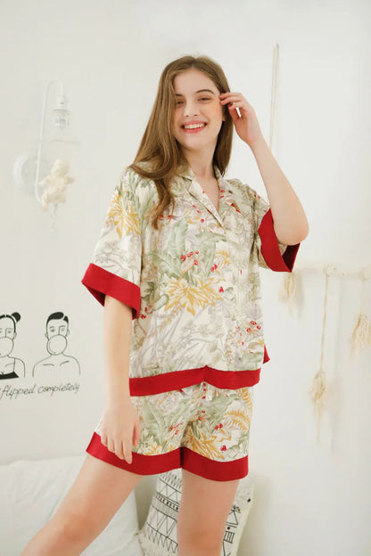 RoomDen Silky Festive Berry Botanical Cotton Sateen Pajama Set - Short Sleeve Detail with Red Cuffs - Cottagecore
