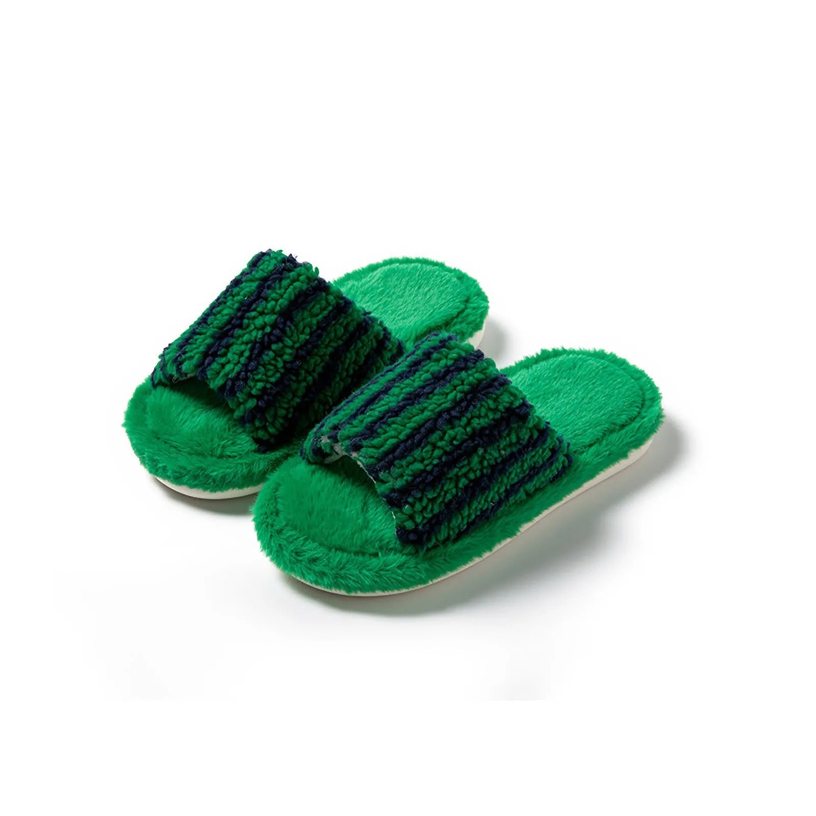 Pair of Green and Navy striped fuzzy slides isolated on white background - RoomDen