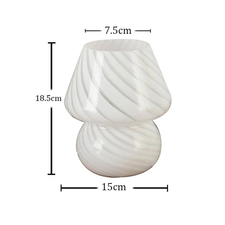 A diagram showing the dimensions of the Swirled Glass Mushroom Lamp: 18.5cm height and 15cm width.