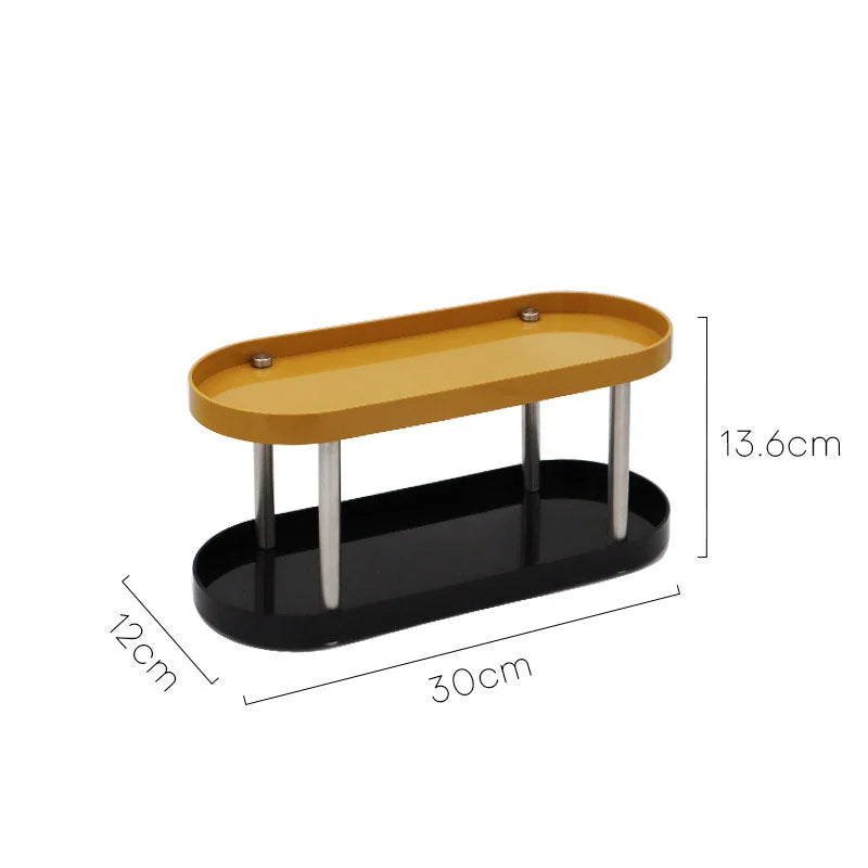 A two-tier mustard and black makeup organizer with dimensions shown: 30x12x13.6cm. - RoomDen