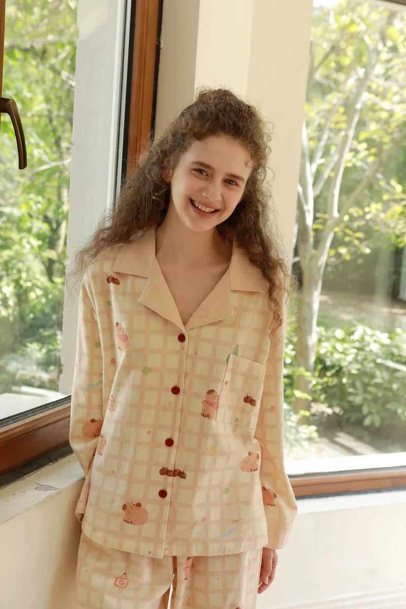 Portrait of Smiling Model in Cozy Beige Cotton Sleepwear Set - RoomDen