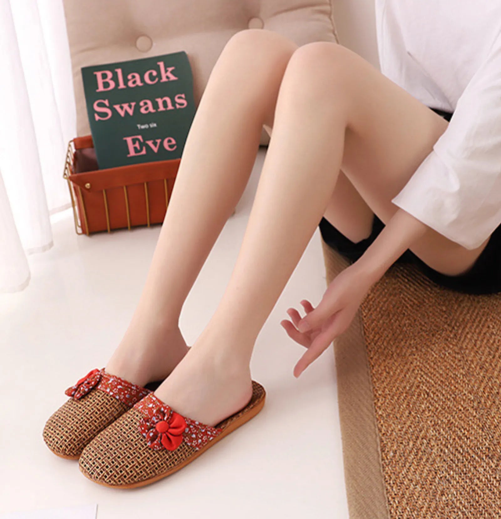 Model wearing Red Floral Natural Rattan House Slippers top view - RoomDen