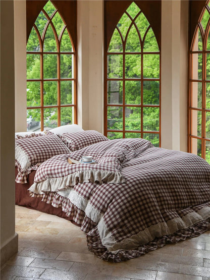Brown Gingham Washed Cotton Bedding Set with lace ruffles in the same sunlit room with arched windows. - RoomDen