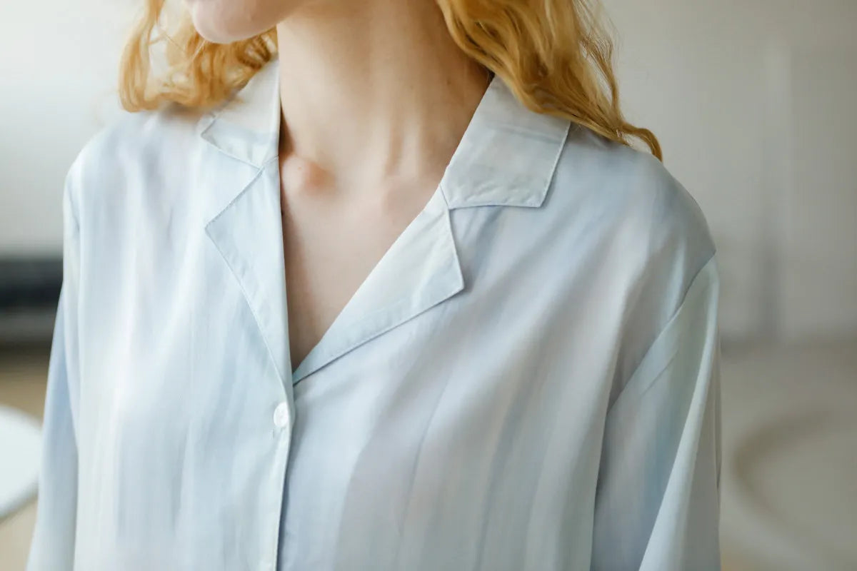 Close up of collar detail on Blue Cotton Sateen Pajama Shirt - RoomDen