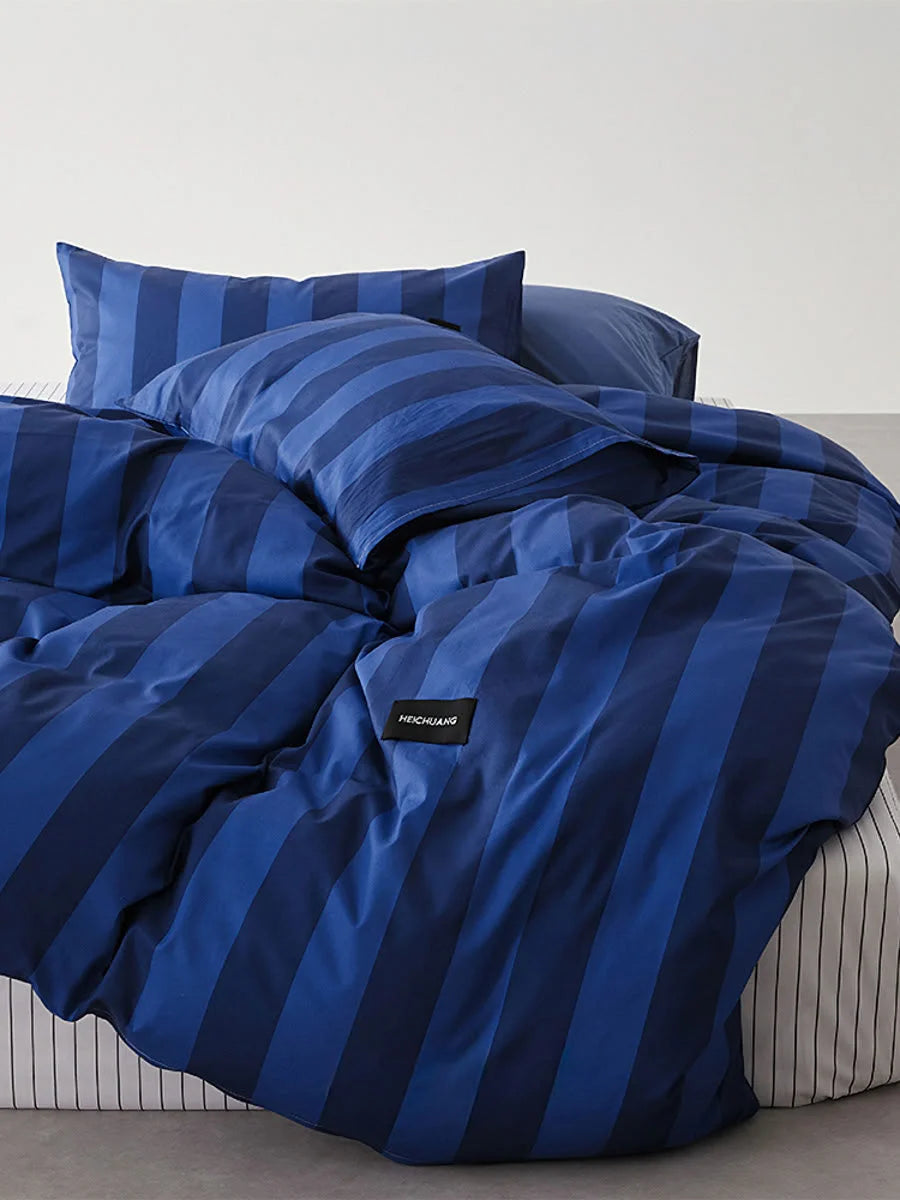 Navy & Blue Striped duvet cover and pillowcases with rich color depth - RoomDen
