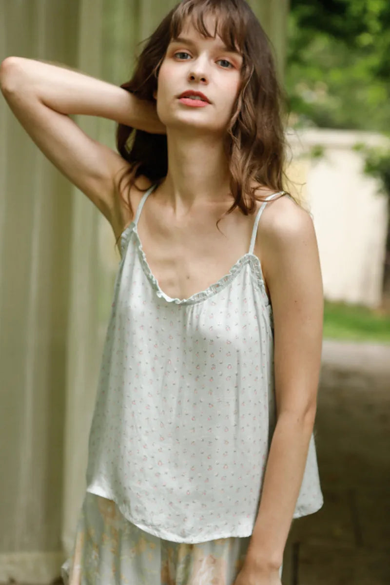 Close-up of Ruffled Neckline on Sage Green Floral Pajama Top - RoomDen