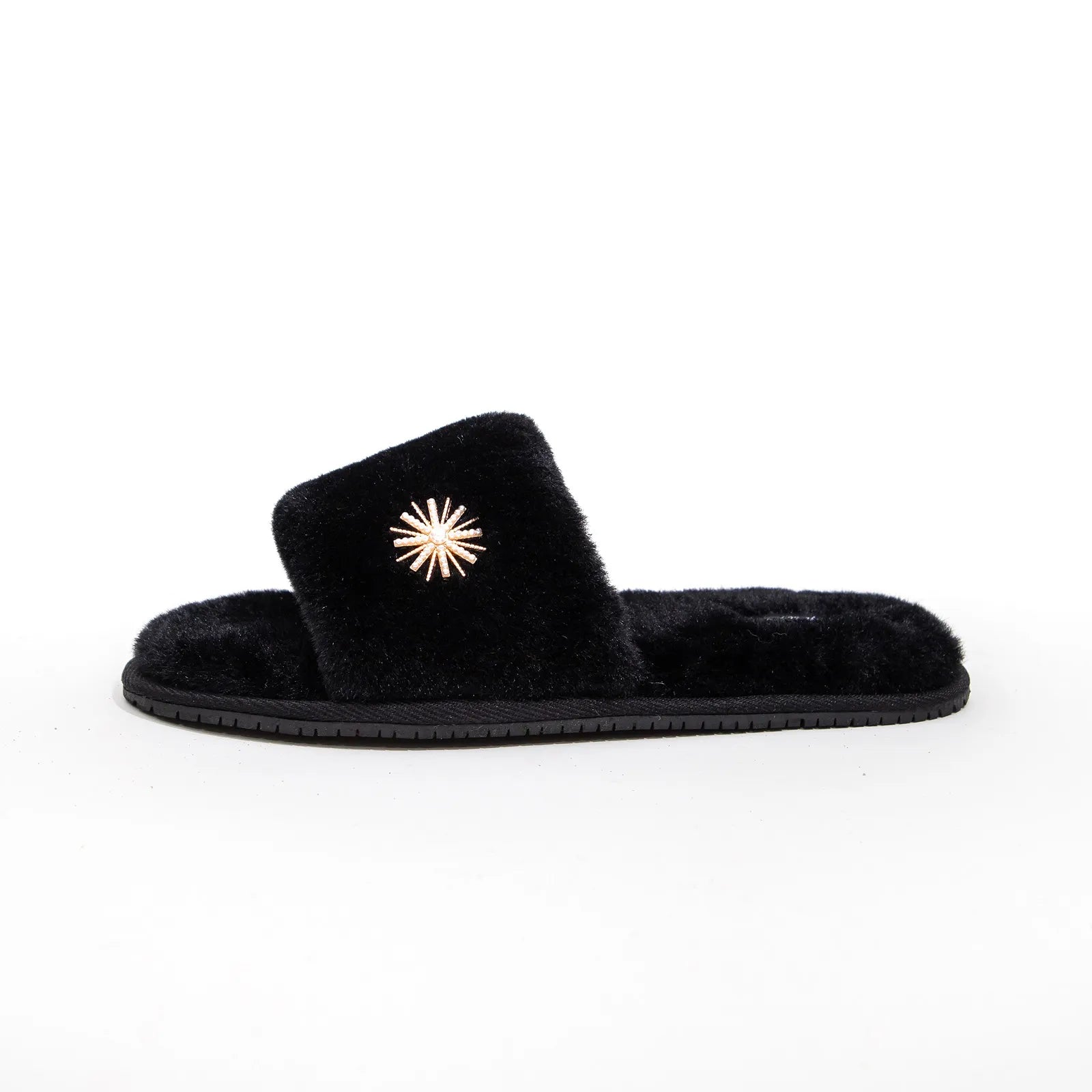 Profile view of Black Elegant Faux Fur House Shoes - RoomDen