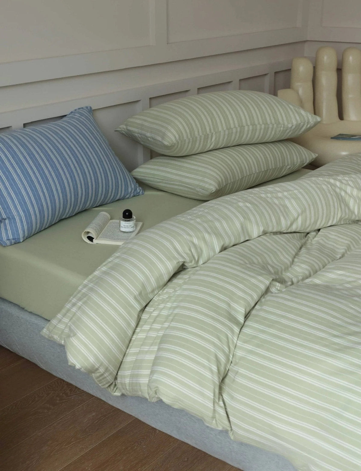 Denby striped jersey cotton bedding set in sage green, view 7