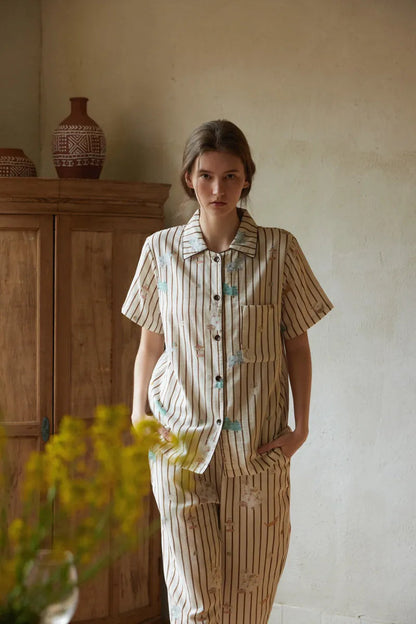 RoomDen Breathable Cotton Gauze Pajama Set - Beige Short Sleeve