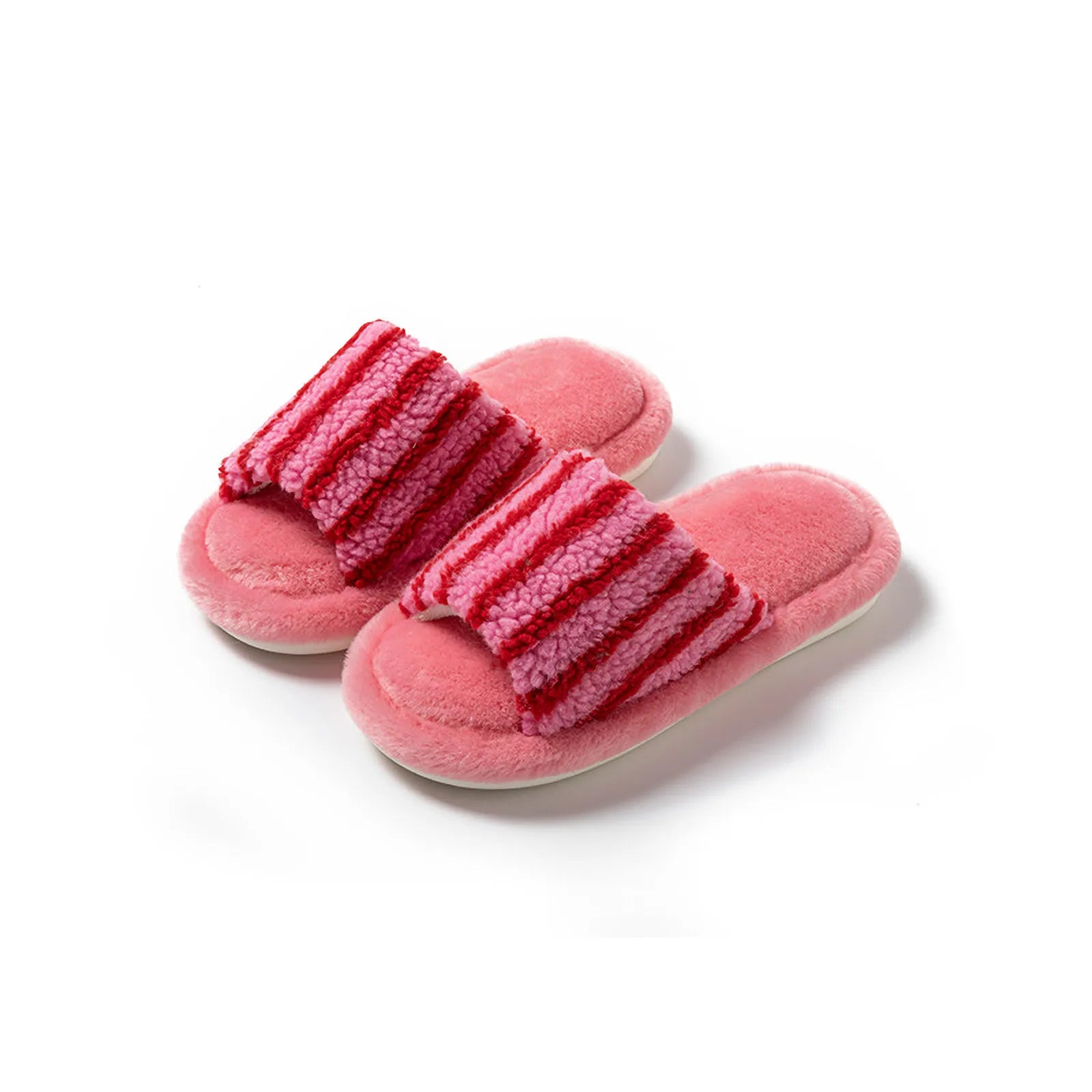 Pair of Pink and Red striped fuzzy slides isolated on white background - RoomDen