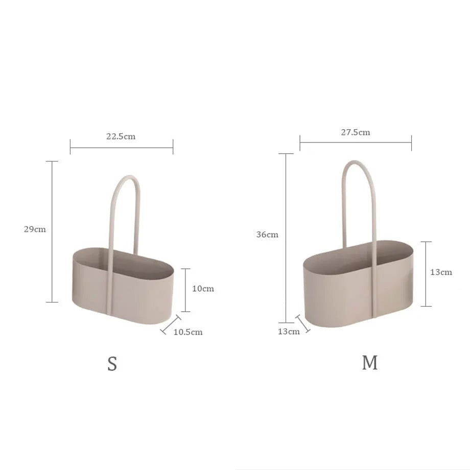 Size chart showing dimensions for the M and L versions of the beige metal organizer caddy. - RoomDen