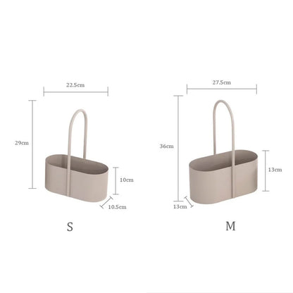 Size chart showing dimensions for the M and L versions of the beige metal organizer caddy. - RoomDen