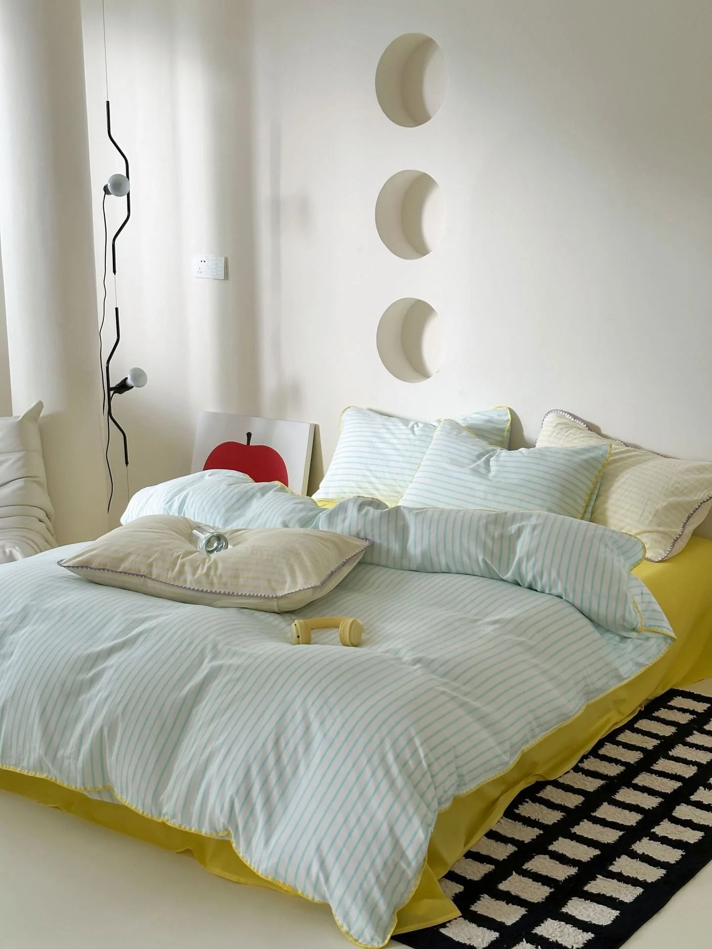 Fresh Blue and White Striped Duvet Cover with Yellow Wavy Edge - RoomDen
