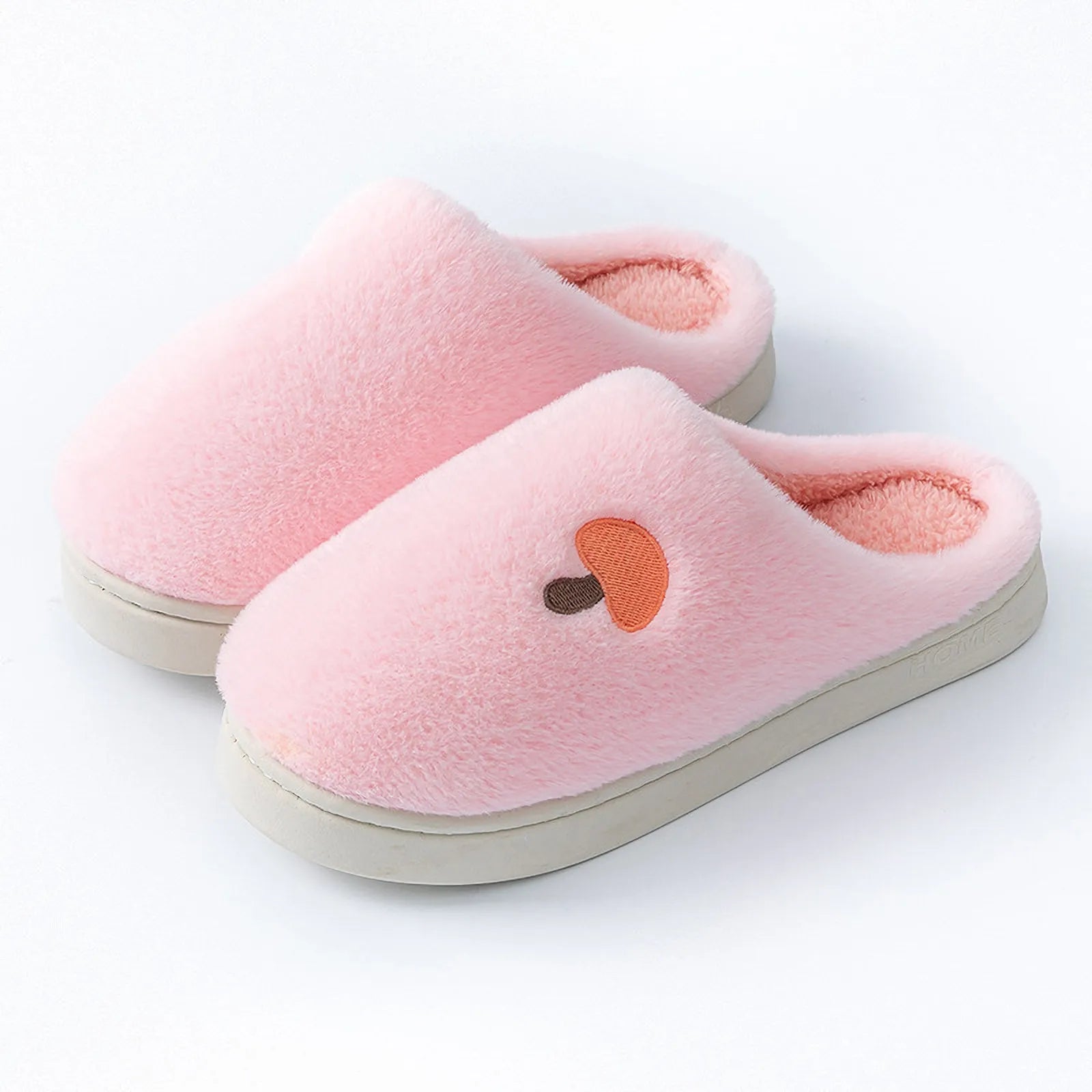 Pink Plush Mushroom Embroidered Fleece House Slippers studio shot showing embroidery detail - RoomDen