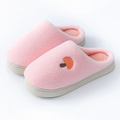Pink Plush Mushroom Embroidered Fleece House Slippers studio shot showing embroidery detail - RoomDen