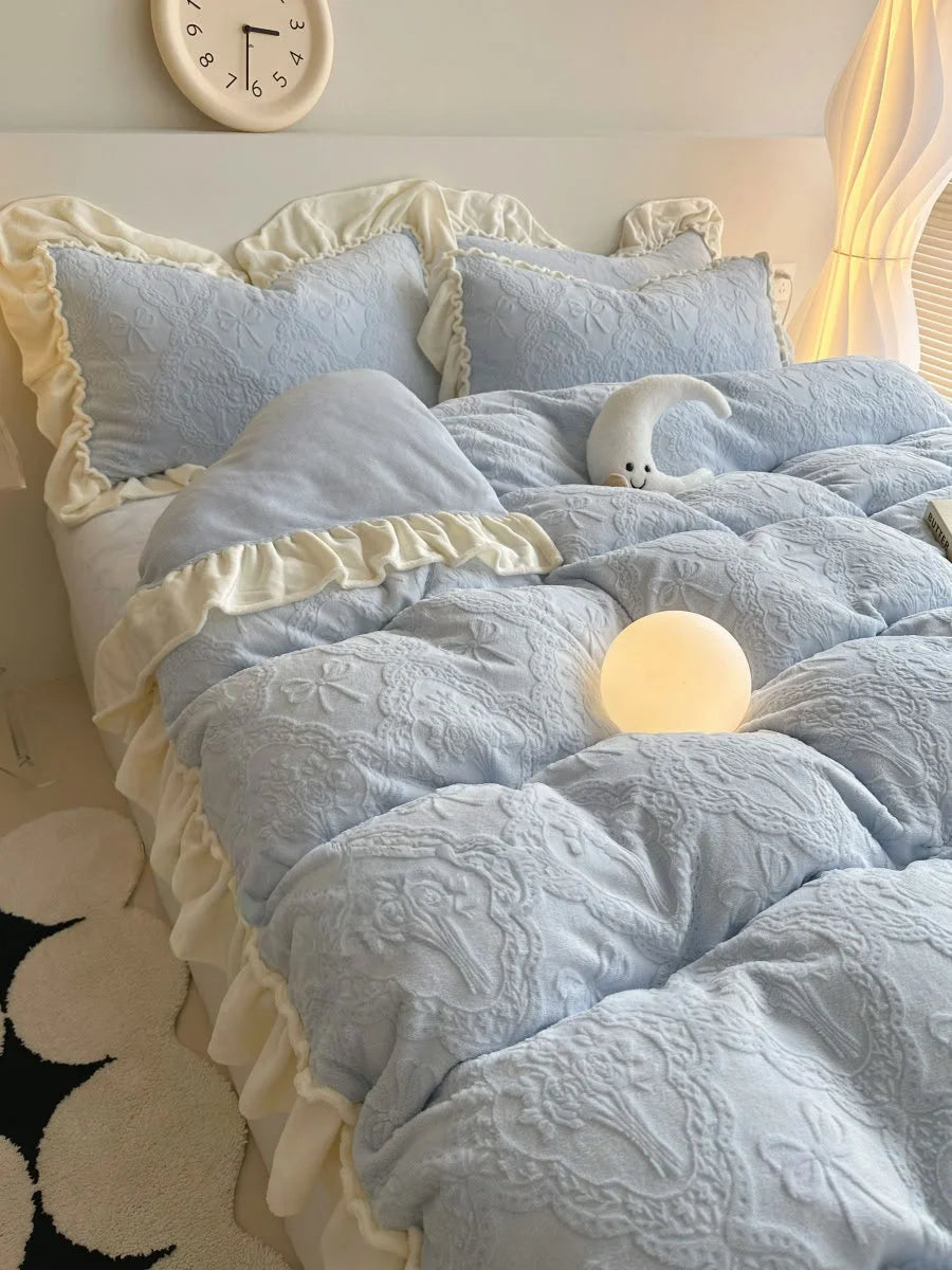 Powder Blue variant of the Ruffled Embossed Fleece Bedding Set with a moon plushie and orb light - RoomDen.
