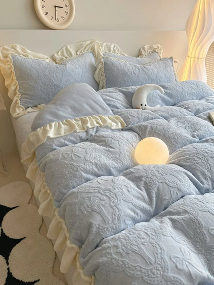 Powder Blue variant of the Ruffled Embossed Fleece Bedding Set with a moon plushie and orb light - RoomDen.