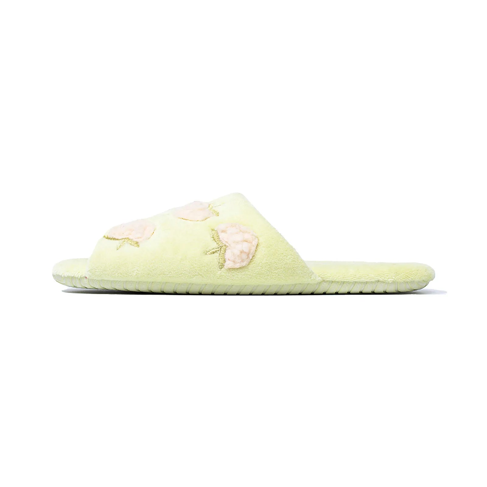Side Profile View of Green Peach Slides Soft Fleece Texture