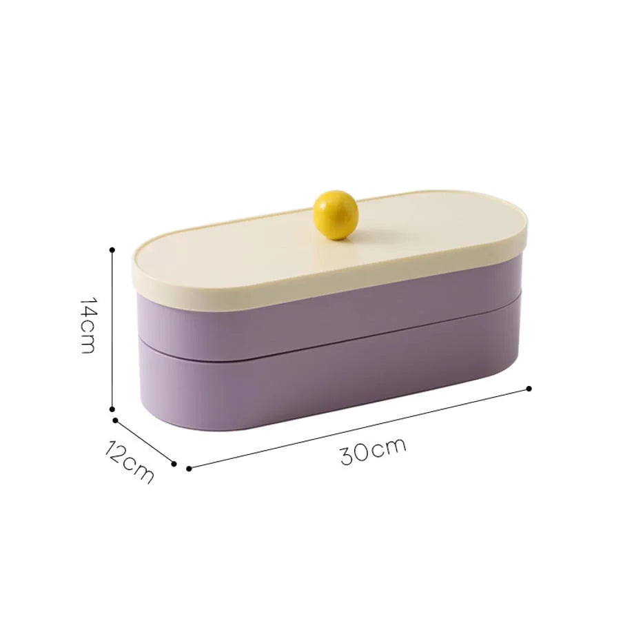 The lavender and cream makeup organizer with dimension callouts: 30cm length, 12cm width, 14cm height.