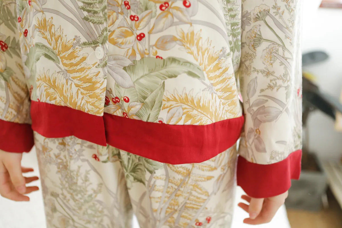 RoomDen Silky Festive Berry Botanical Cotton Sateen Pajama Set - Fabric Detail Close Up - Fern and Berry Print