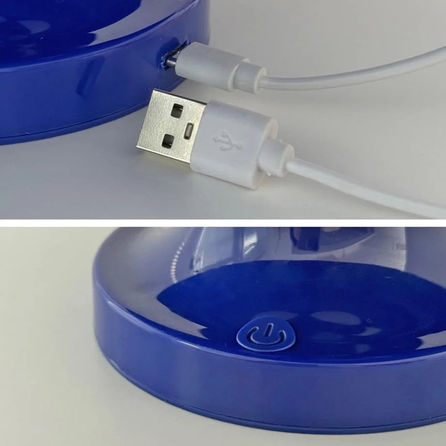 Detail shots of the USB charging port and the touch-sensitive power button on the blue lamp's base - RoomDen.