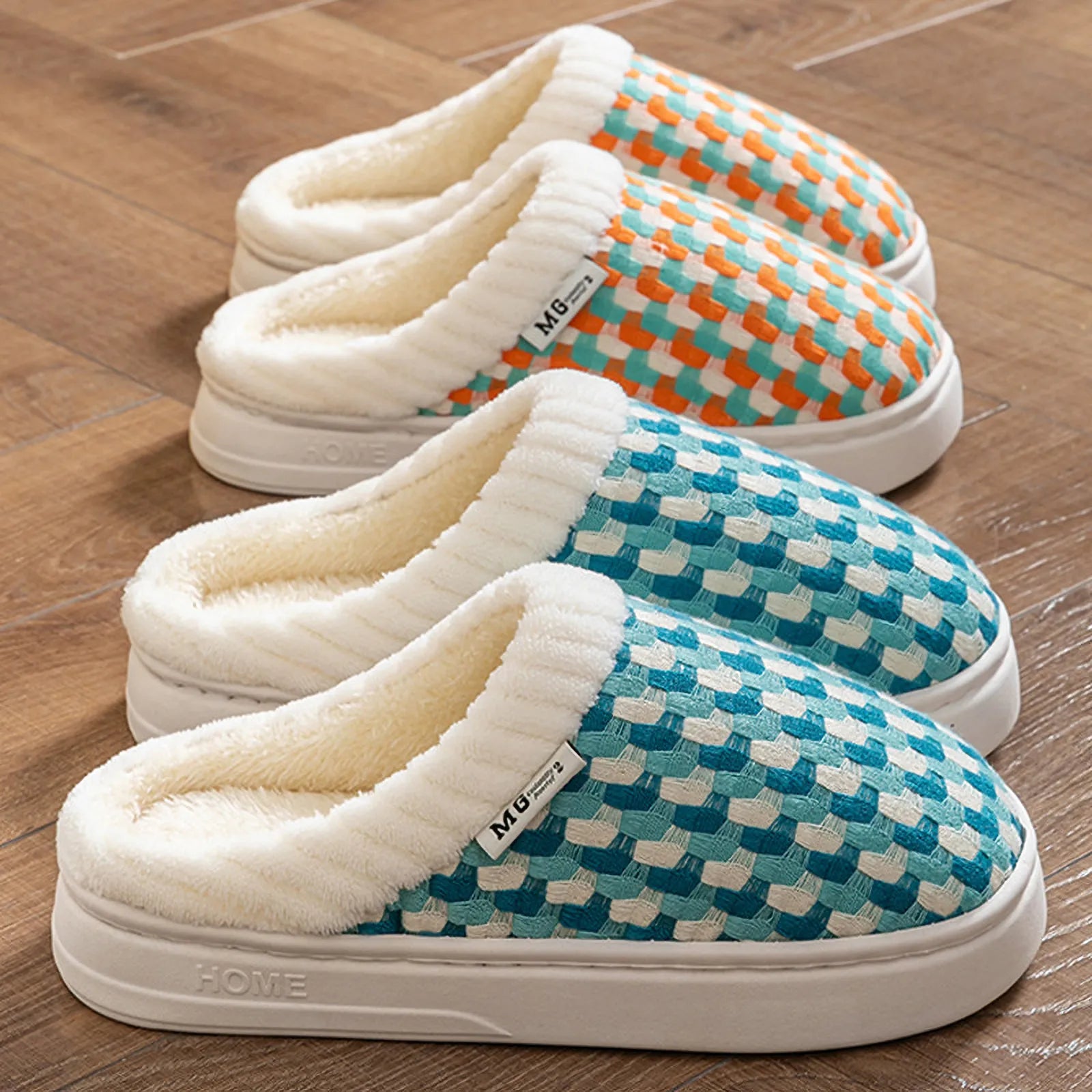 Side profile of cyan and white woven texture house slippers showing plush lining