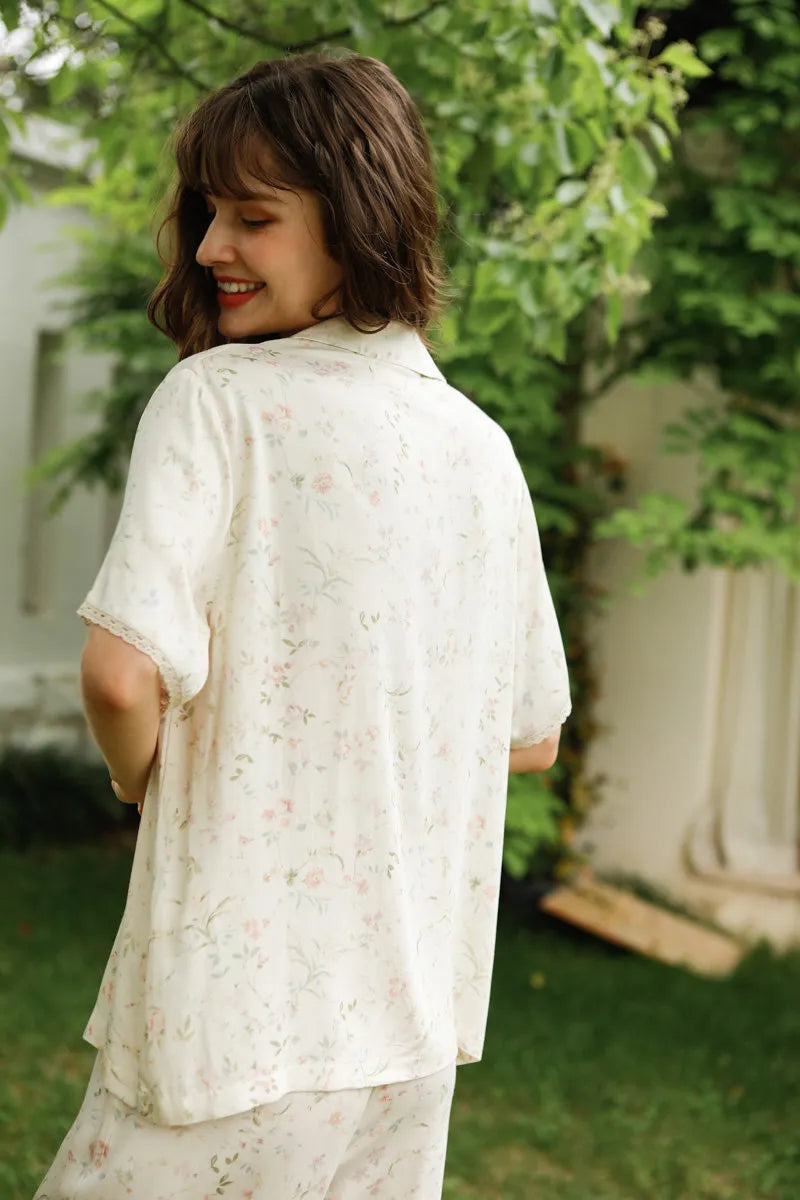 Back View of Short Sleeve Floral Pajama Shirt - RoomDen