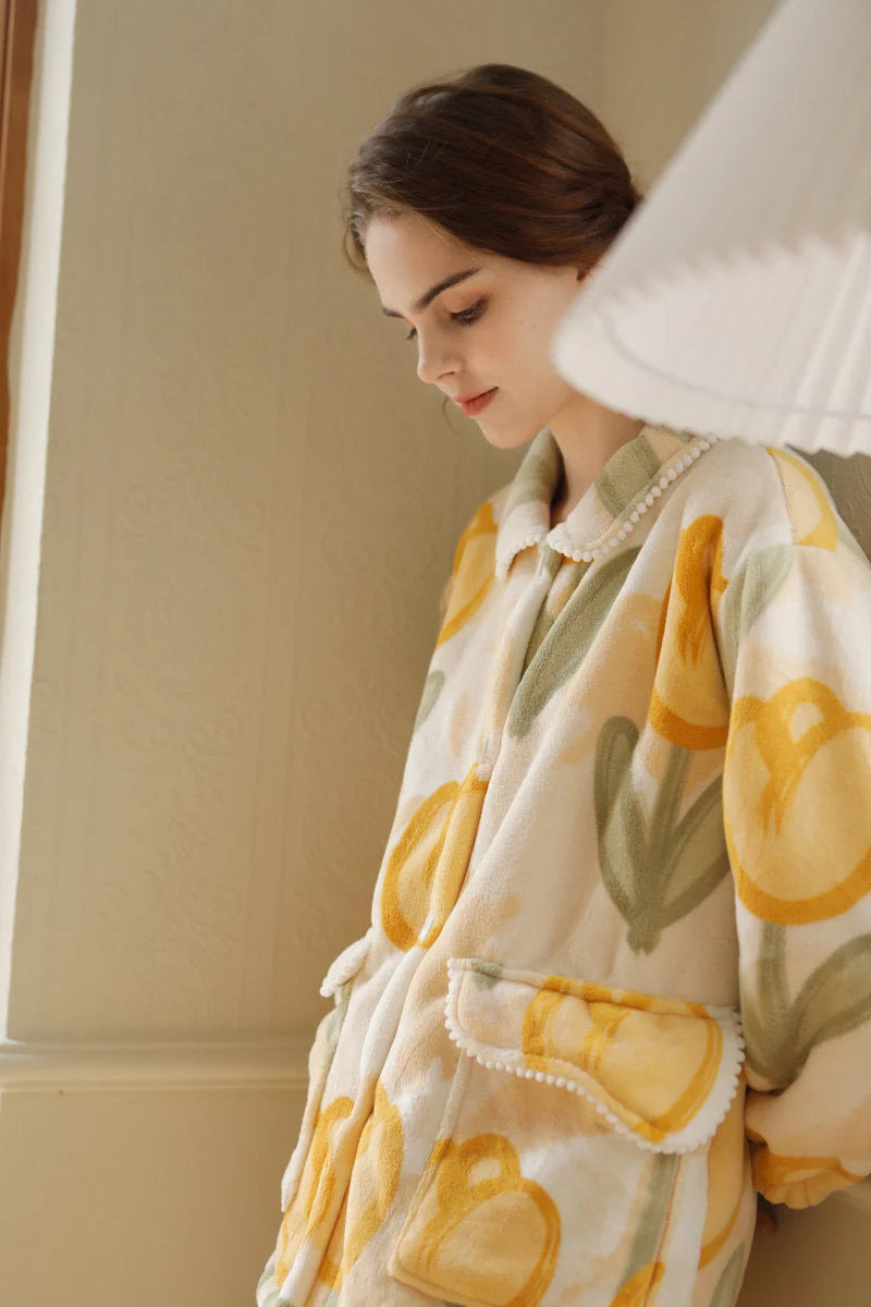 Detail Shot of Pajama Collar and Pocket with Pom Pom Trim - RoomDen