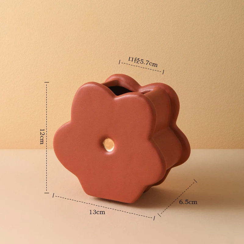The Terracotta Red Daisy Bloom Ceramic Vase with dimension callouts: 12cm height, 13cm width. - RoomDen