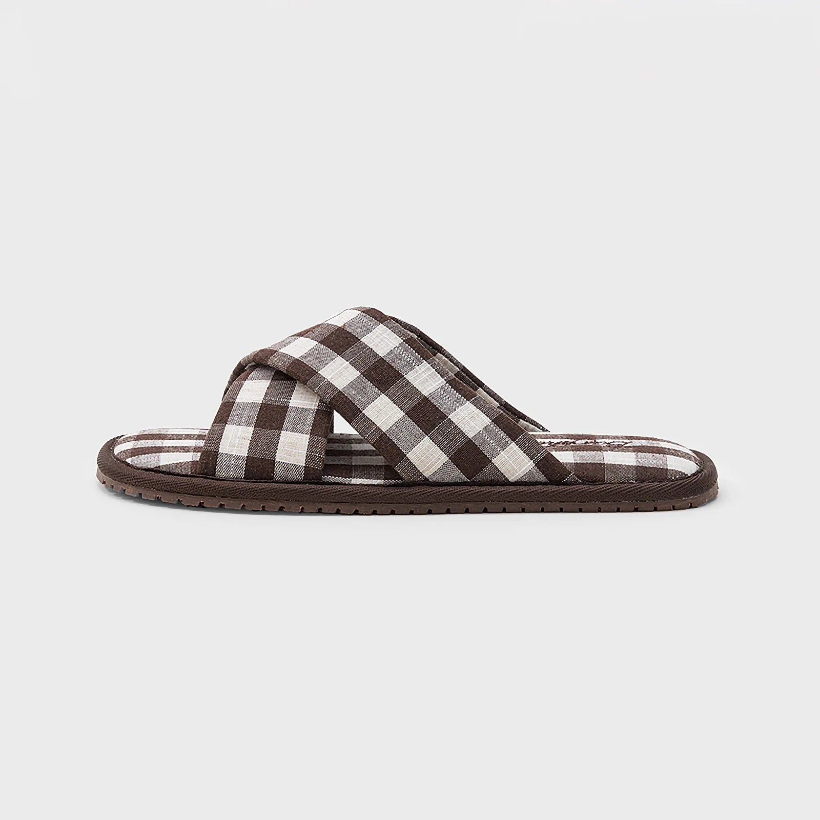 Side profile view of Brown Gingham Cotton House Slippers - RoomDen