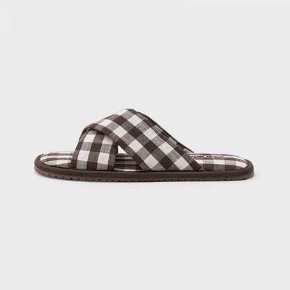 Side profile view of Brown Gingham Cotton House Slippers - RoomDen