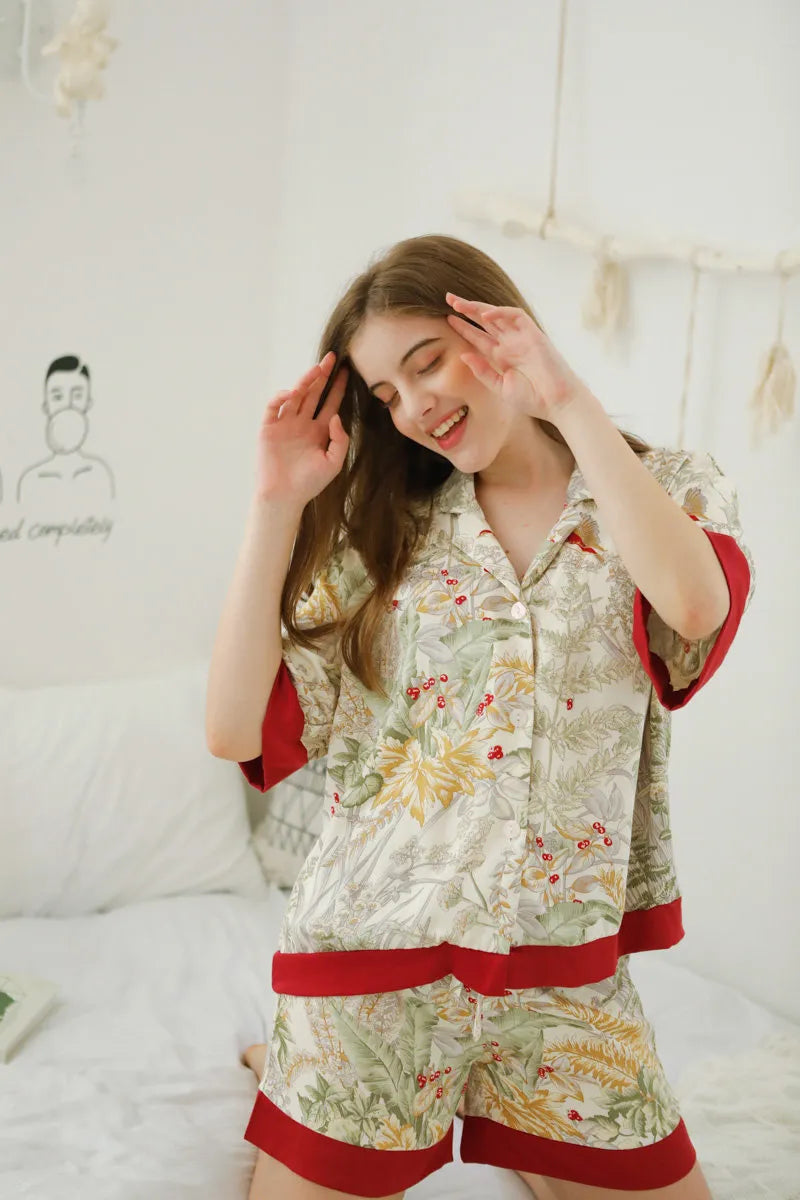 RoomDen Silky Festive Berry Botanical Cotton Sateen Pajama Set - Short Sleeve Top and Shorts Front View - Botanical Style