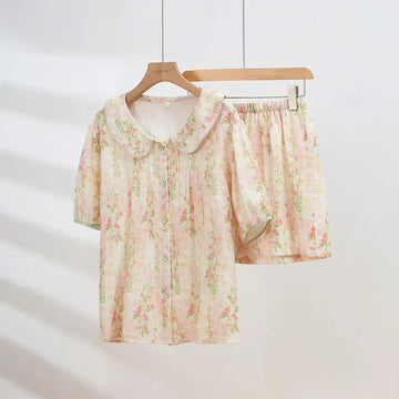 Soft Ruched Floral Washed Cotton Pajama Set
