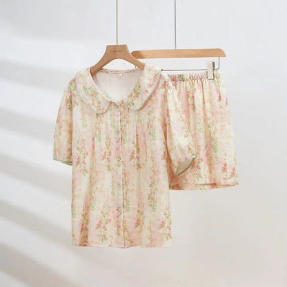 RoomDen Soft Pink Floral Washed Cotton Pajama Set with Peter Pan collar and ruched chest detail - Front View